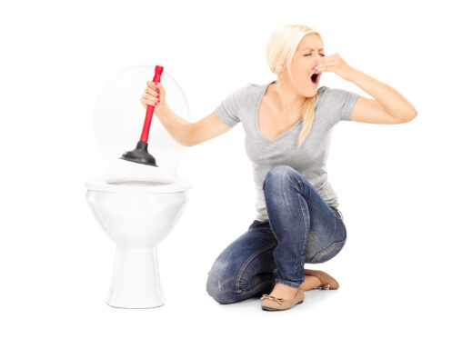 Woman holding nose by the toilet with plunger in hand.